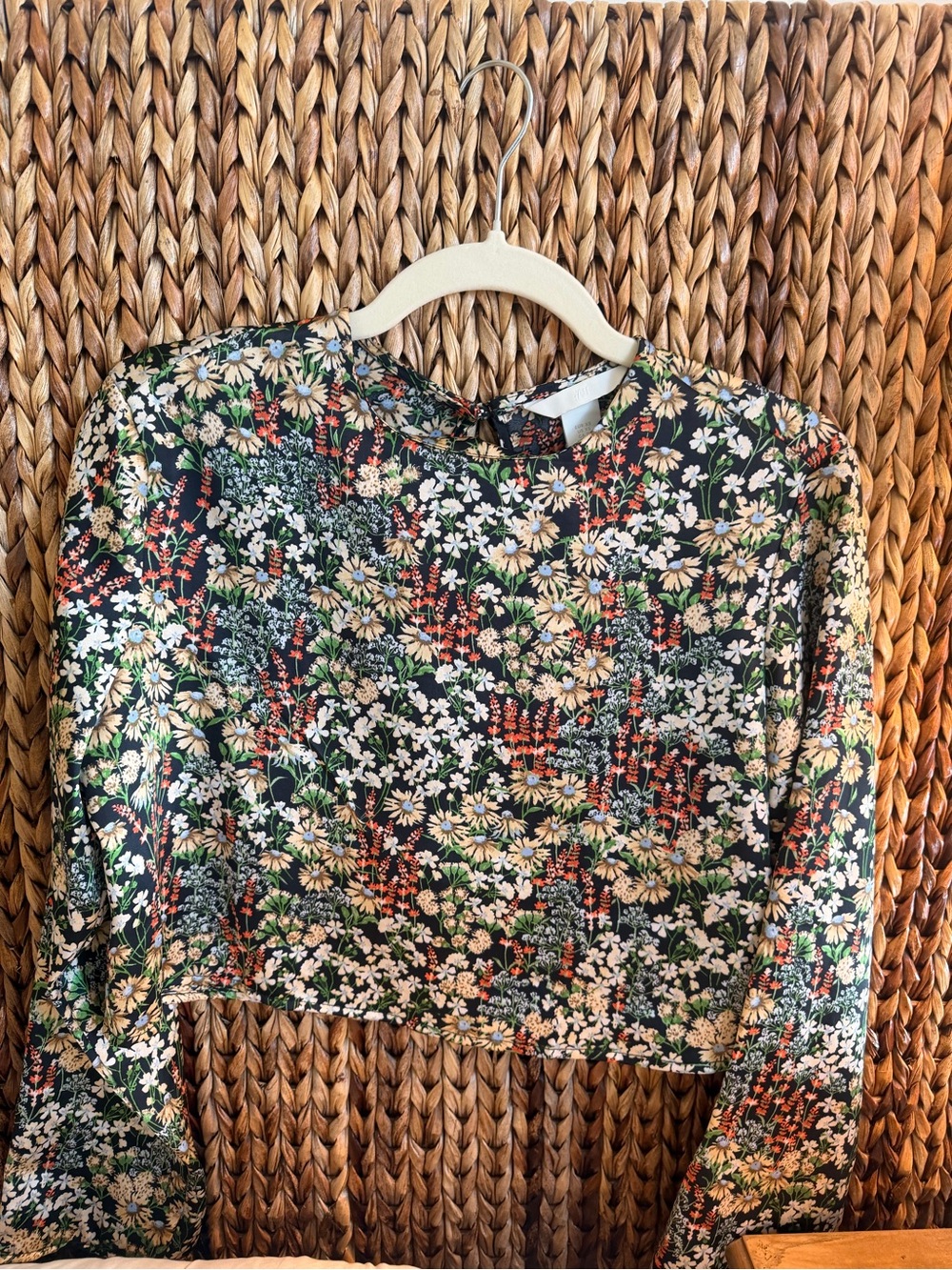 H&M Black Floral Long-Sleeve Crop Top
